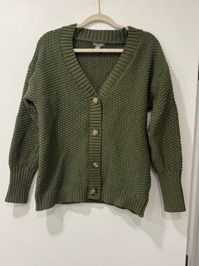 Falls Creek Olive Green Waffle-Knit Button Cardigan